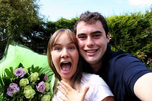 Our engagement announcement photo. Dan special ordered the green roses (not dyed!) which I had secretly wanted to be proposed to with since a young girl. I still don't know how to found out.